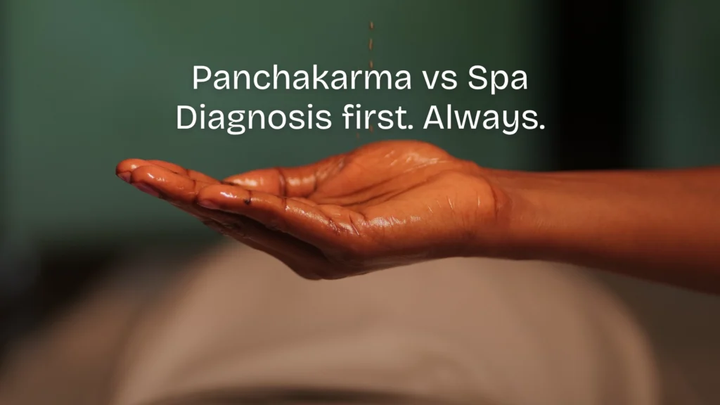 Ayurvedic physician at Athreya assessing a guest before Panchakarma treatment
