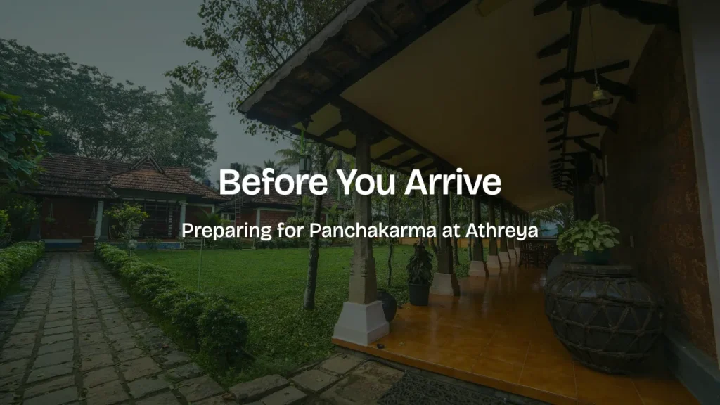 Verandah and garden path at Athreya Ayurvedic Centre: preparing for Panchakarma before you arrive in Kerala